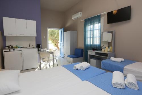 加利萨斯蓝天酒店的带2张床的客房,设有厨房和厨房