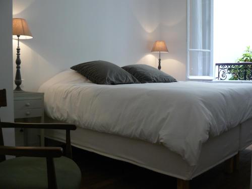 巴黎第五庭院住宿加早餐旅馆的一间卧室配有带两个枕头的床和窗户