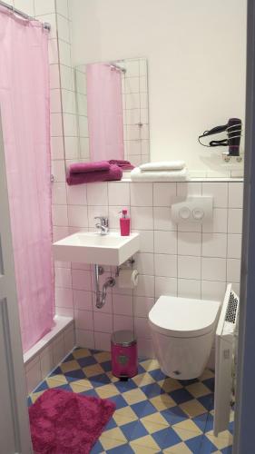 蒂宾根Appartements in zentraler Lage的粉红色的浴室设有卫生间和水槽