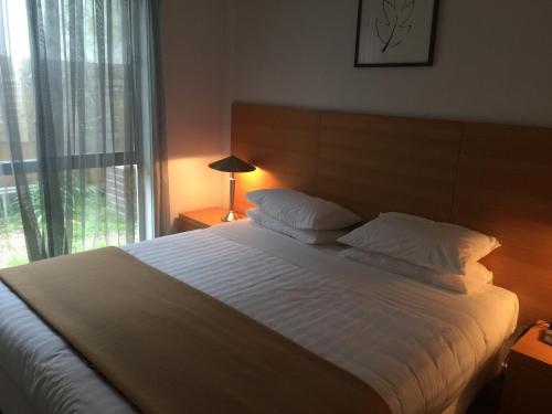 Bonbeach邦比奇海滨公寓的卧室配有一张大白色床和窗户