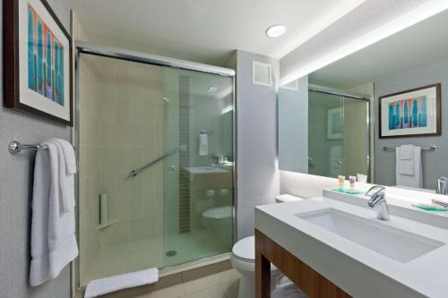 芝加哥芝加哥河北岸凯悦酒店的带淋浴、盥洗盆和卫生间的浴室