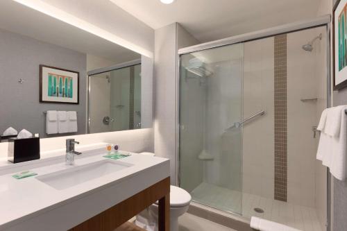 切斯特菲尔德圣路易斯/切斯特菲尔德凯悦酒店的一间带水槽和淋浴的浴室