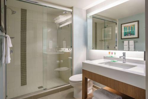 休斯顿凯悦广场酒店，休斯顿广场的浴室配有卫生间、盥洗盆和淋浴。