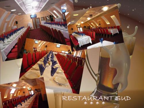 GiurgiuHotel Sud的一张带桌椅的餐厅的照片