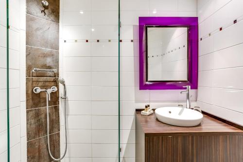 戛纳米斯特拉尔酒店的一间带水槽、镜子和淋浴的浴室