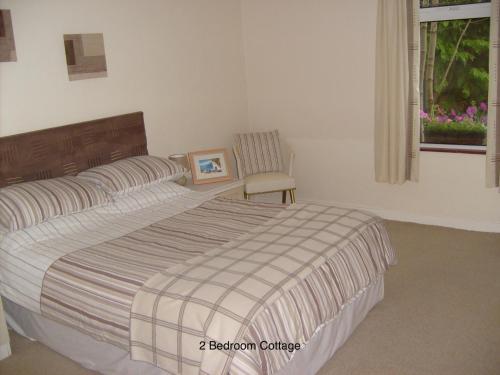 贝尔法斯特Hallmount Cottage - Belfast的卧室配有床、椅子和窗户。