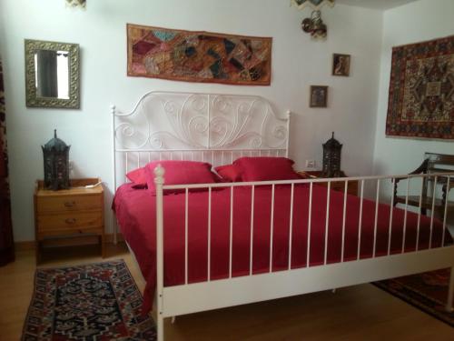 巴耶格兰雷伊Casa Emma的卧室配有带红色枕头的白色床