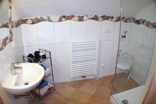 巴德米滕多夫堪哲乐霍夫酒店的一间带水槽、淋浴和椅子的浴室