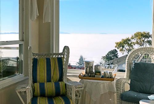 白石Star of the Sea guest house的一间设有两把椅子、一张桌子和一个窗户的房间