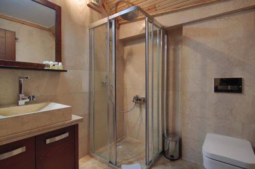 乌奇希萨尔卡帕多西亚亚丁酒店的带淋浴、卫生间和盥洗盆的浴室