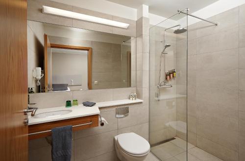 博尔加内斯Hotel Hamar的浴室配有卫生间、盥洗盆和淋浴。