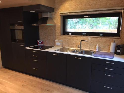 HannutAbarolodge的厨房配有黑色橱柜、水槽和窗户。