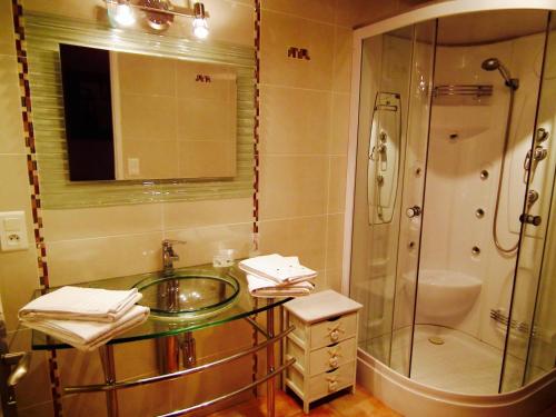 马扎梅La Prade des "Pierre"的一间带玻璃水槽和淋浴的浴室