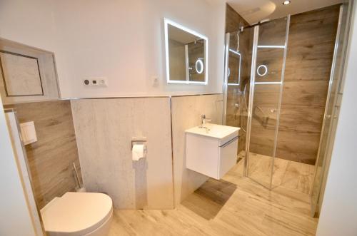 青斯特Villa Strandblick 3的浴室配有卫生间、淋浴和盥洗盆。