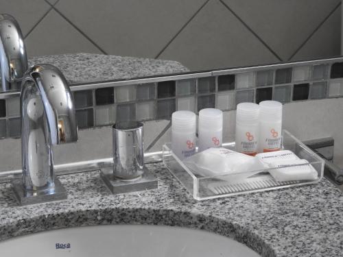 ArmstrongFábrica Hotel的浴室柜台配有盥洗盆和洗浴用品。