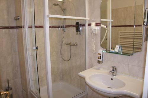 维斯马鲁特豪斯维斯马酒店的带淋浴和盥洗盆的浴室