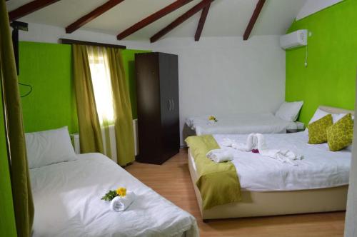 RadibušEtno Restoran Ranc的绿墙客房内的两张床