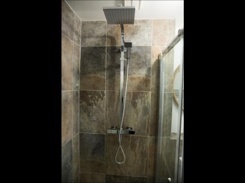 约克Gillygate Holiday Apartment的带淋浴的浴室和玻璃门