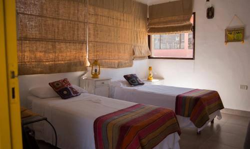 塔菲德尔瓦勒Cabañas Cultura Tafi的一间卧室设有两张床和窗户。