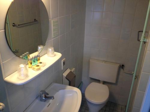 哈莱姆阿玛德斯酒店的一间带水槽、卫生间和镜子的浴室