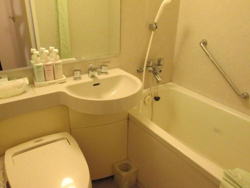 山形市山形邑西口华盛顿酒店的浴室配有盥洗盆、卫生间和浴缸。