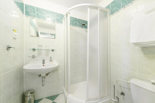 塔博尔塔博尔酒店的带淋浴和盥洗盆的白色浴室