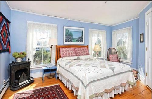 Topsham布莱克兰顿住宿加早餐酒店的蓝色卧室设有一张大床和一个壁炉