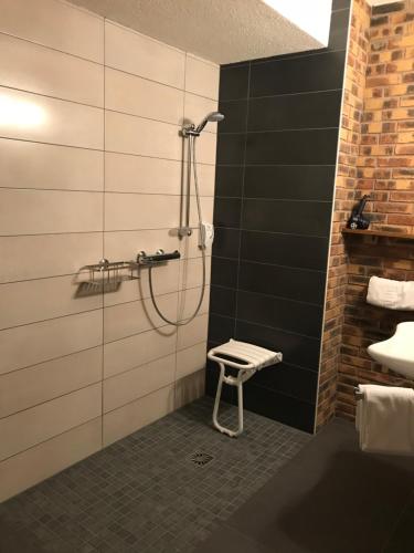 拉佩蒂特皮耶尔奥克斯多利斯玫瑰酒店及餐厅的带淋浴的浴室,配有凳子