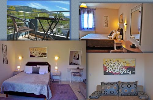 约阿尼纳阿尼西斯酒店的一张床位和一个阳台的酒店客房的三张照片