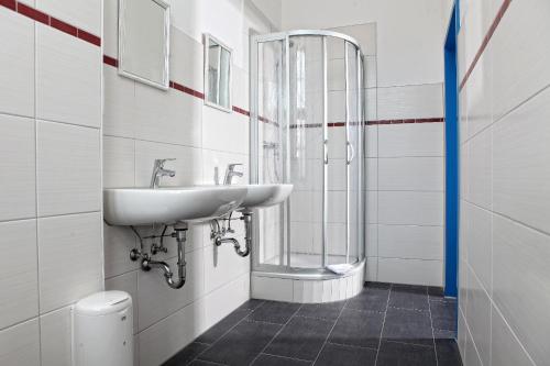 新勃兰登堡Hostel am GÜTERBAHNHOF的一间带水槽和淋浴的浴室
