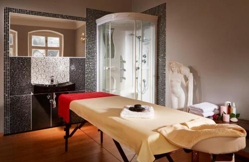 利布韦尔达矿泉村Spa Resort Libverda - Villa Friedland的一间带桌子、水槽和淋浴的浴室