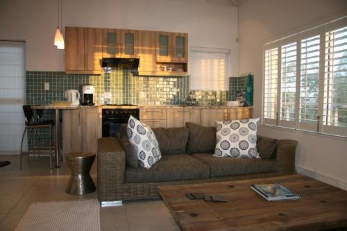 布鲁堡史特兰Freshhh的带沙发的客厅和厨房