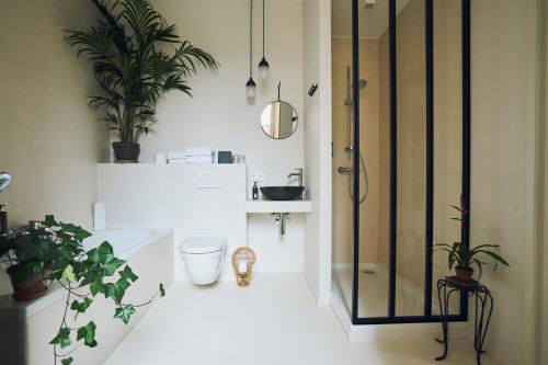 布鲁塞尔秘密花园酒店的带淋浴、卫生间和植物的浴室
