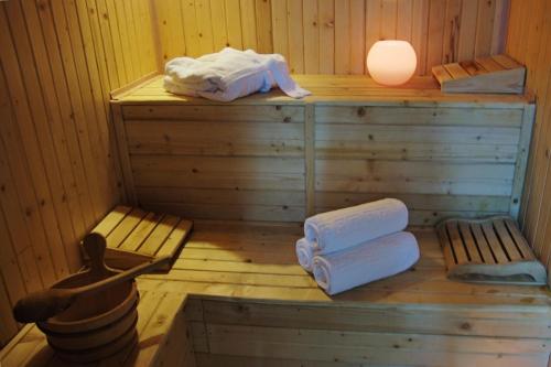 奥拉迪亚Silver Hotel的桑拿浴室配有毛巾和顶部灯