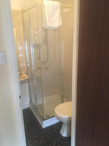 赖厄德皇冠宾馆的带淋浴、卫生间和盥洗盆的浴室
