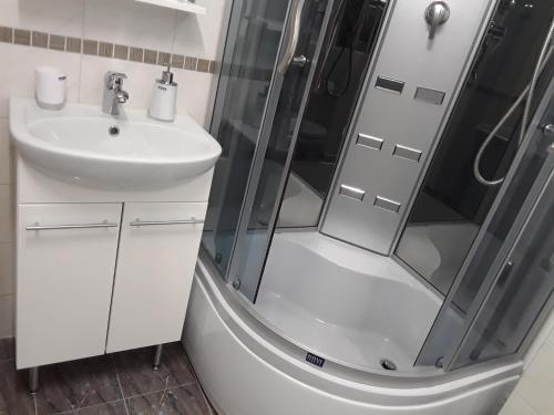 纳尔瓦VBE apartments的带淋浴和盥洗盆的浴室