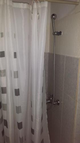圣多美Residencialdes的浴室内配有白色淋浴帘。