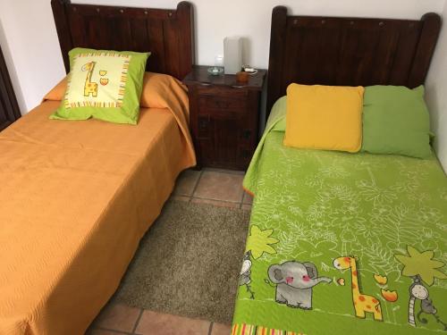 阿雷西费Casa Daniela的一间卧室配有两张带绿色和黄色床单的床