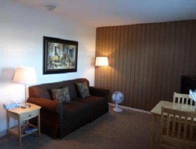 坎贝尔河海滨漂流木旅馆的客厅配有沙发和桌子