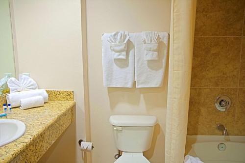 梅萨Legacy Inn & Suites的浴室配有卫生间、水槽和毛巾。