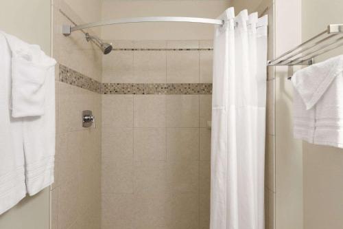 圣克劳德圣克劳德旅程住宿的浴室内配有白色淋浴帘。