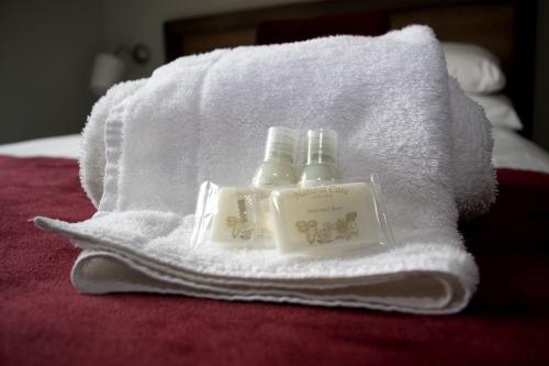 利敦瓦纳溪谷酒店的两瓶肥皂坐在毛巾上