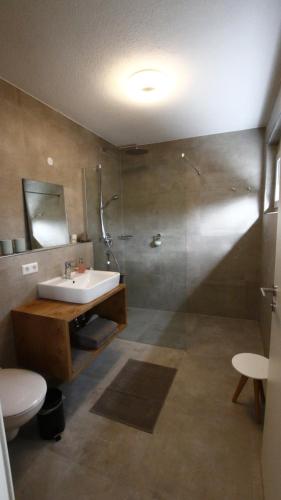 霍伊塞尔恩Gästezimmer Kamino的一间带水槽、淋浴和卫生间的浴室