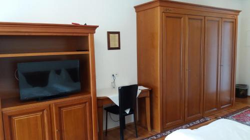 格拉特科恩Hotel Gratkorn - "Bed & Breakfast"的一间卧室配有一张床、一台电视和一张书桌