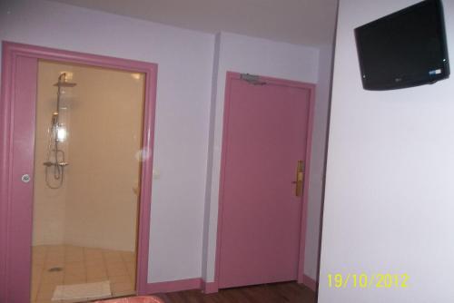 巴黎德拉特拉斯酒店的浴室设有粉红色的门,墙上配有电视