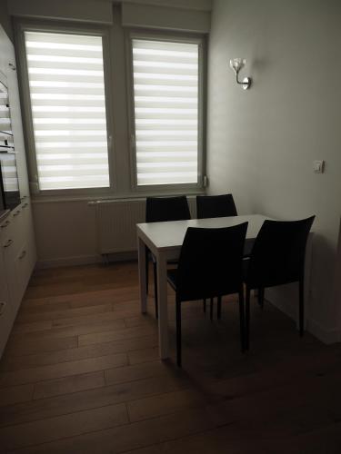 斯特拉斯堡Appartement place Golbéry的一间带桌椅和窗户的用餐室