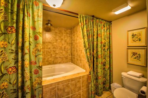 西塞德沙湾汽车旅馆的带浴缸和淋浴帘的浴室