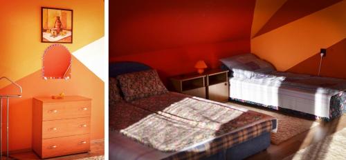 比克克塞克Gesztenyes Vendeghaz的卧室两张照片,配有一张床和一把椅子