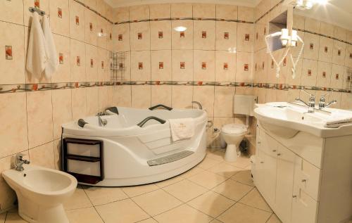 萨图马雷Hotel Aramia的带浴缸、盥洗盆和卫生间的浴室