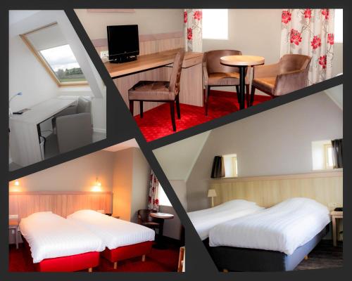 WelkenraedtLa Couronne的四张酒店客房的照片,配有两张床和一张桌子